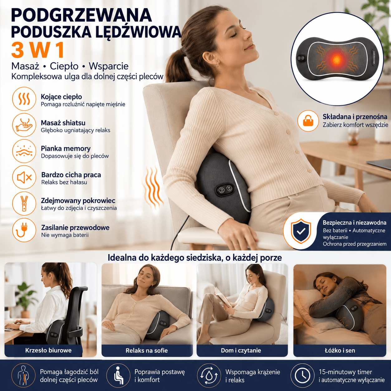 Elektryczna poduszka pod lędźwia 3 w 1